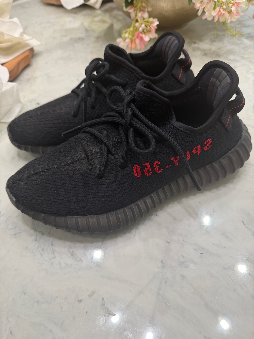 adidas Kids Black Knit Sneakers with Red Script